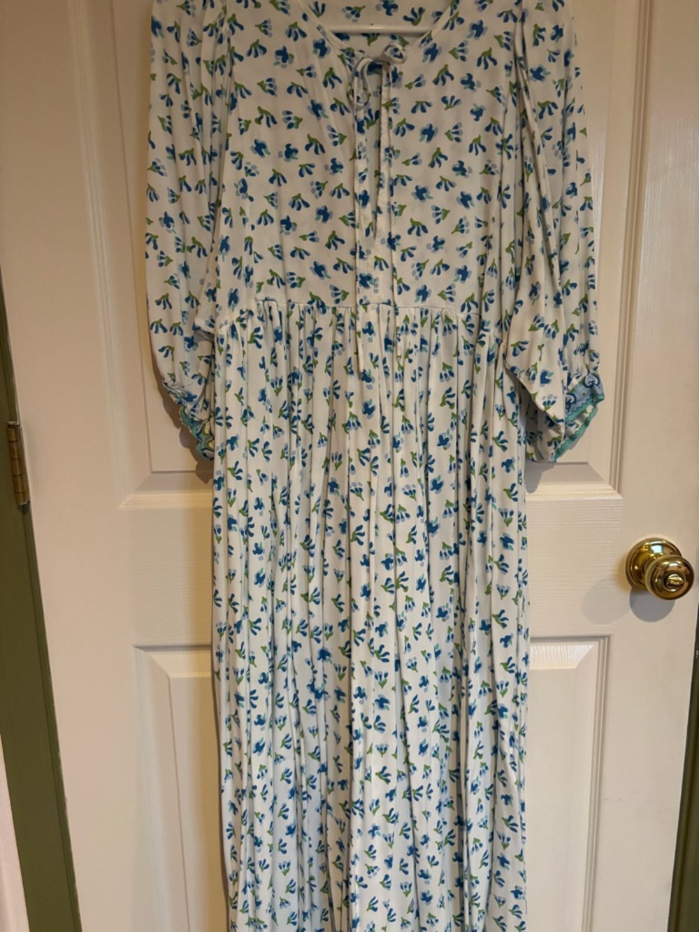 White Maxi Dress with Blue & Green Floral Print